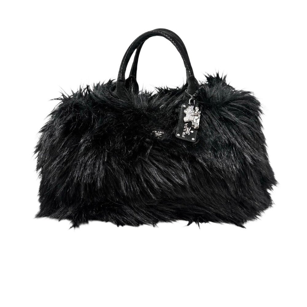PRADA Vintage Faux Fur Fabric Tote Bag Black Silver Charm Triangle Logo [106226] - Picture 5 of 15